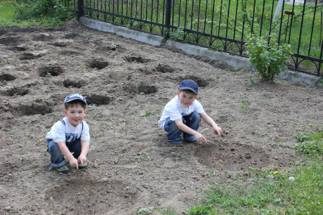 Two little farmers waiting for their squash to grow